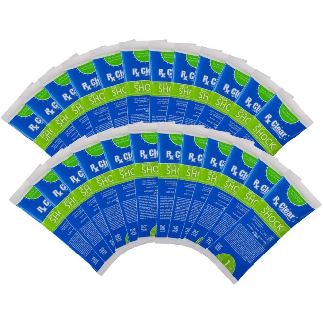 Rx Clear Mega Shock | 73% Calcium Hypochlorite | Kills Algae in Swimming Pools | Works As Pool Sanitizer Clarifier and Algicide | One Pound Bags | 48 Pack