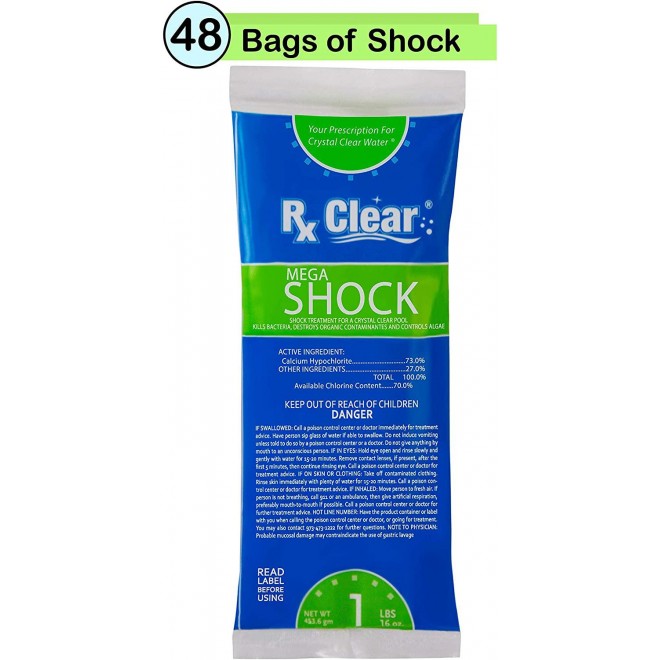 Rx Clear Mega Shock | 73% Calcium Hypochlorite | Kills Algae in Swimming Pools | Works As Pool Sanitizer Clarifier and Algicide | One Pound Bags | 48 Pack