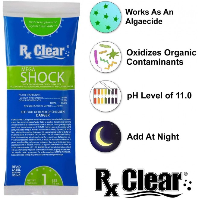 Rx Clear Mega Shock | 73% Calcium Hypochlorite | Kills Algae in Swimming Pools | Works As Pool Sanitizer Clarifier and Algicide | One Pound Bags | 48 Pack