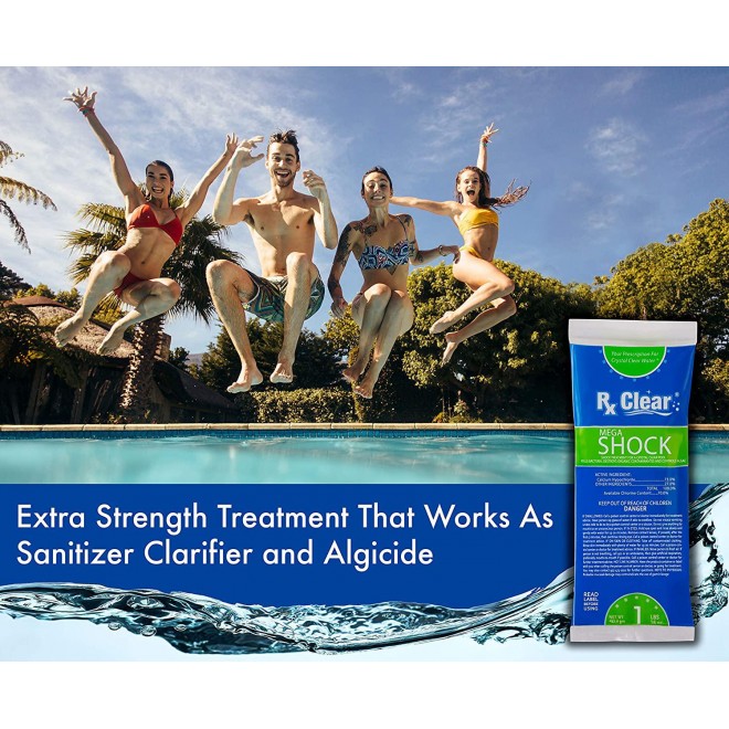 Rx Clear Mega Shock | 73% Calcium Hypochlorite | Kills Algae in Swimming Pools | Works As Pool Sanitizer Clarifier and Algicide | One Pound Bags | 48 Pack