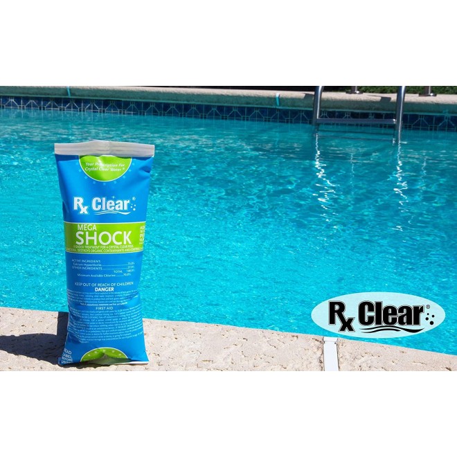 Rx Clear Mega Shock | 73% Calcium Hypochlorite | Kills Algae in Swimming Pools | Works As Pool Sanitizer Clarifier and Algicide | One Pound Bags | 48 Pack
