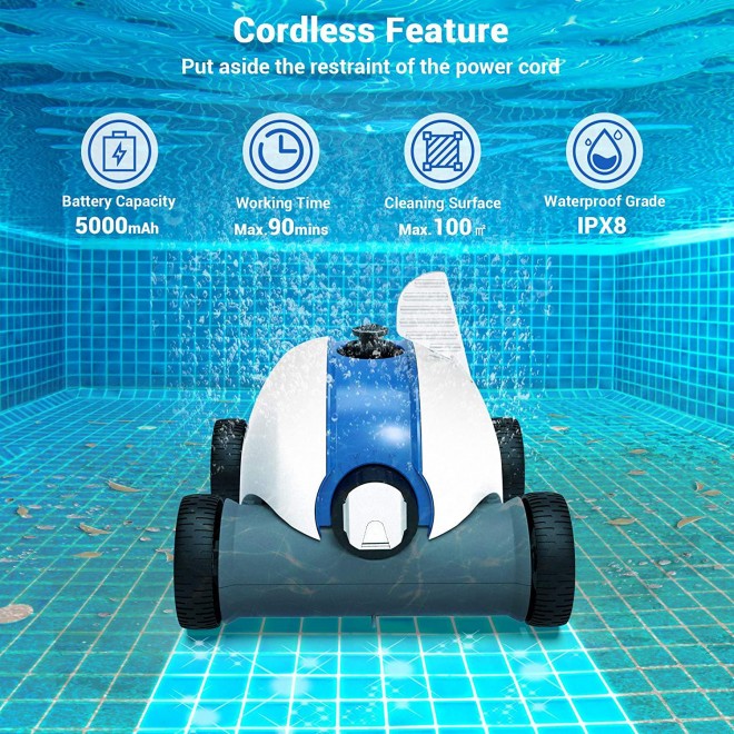 PAXCESS Cordless Automatic Pool Cleaner, Robotic Pool Cleaner with 5000mAh Rechargeable Battery, 60-90 Mins Working Time, IPX8 Waterproof, Lightweight, Good for Cleaning In-Ground/Above Ground Pool