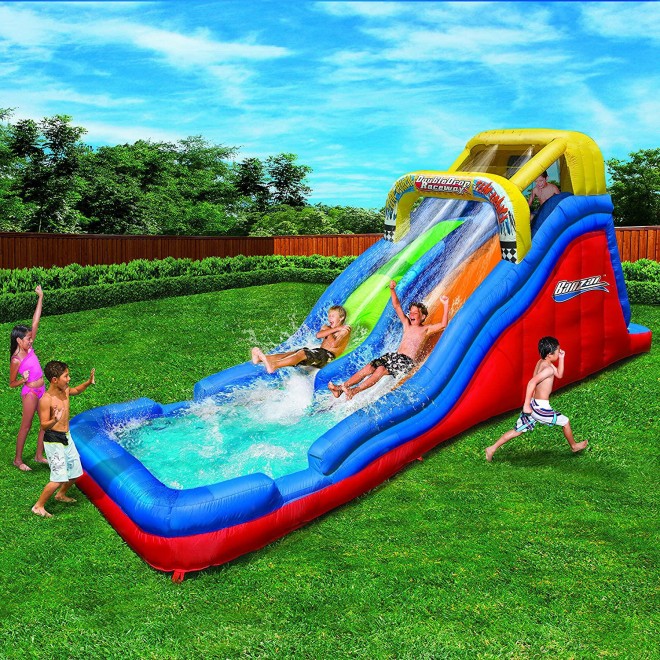 Banzai Double Drop Raceway 2 Lane Inflatable Kids Outdoor Backyard Bounce Water Slide Splash Park