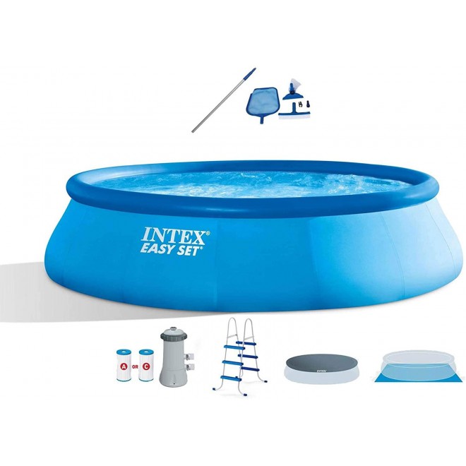Intex 26165EH 15-Foot x 42-Inch Easy Setup Portable Inflatable Outdoor Above Ground Round Swimming Pool Set with Ladder, Filter Pump, Cover and Cleaning Maintenance Kit with Vacuum Skimmer & Pole