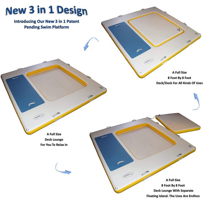 Blue Water Toys 3 in 1 Floating Swim Platform with Removable Floating Island | Mesh Deck Lounge | Raft/Dock | Patent Pending!