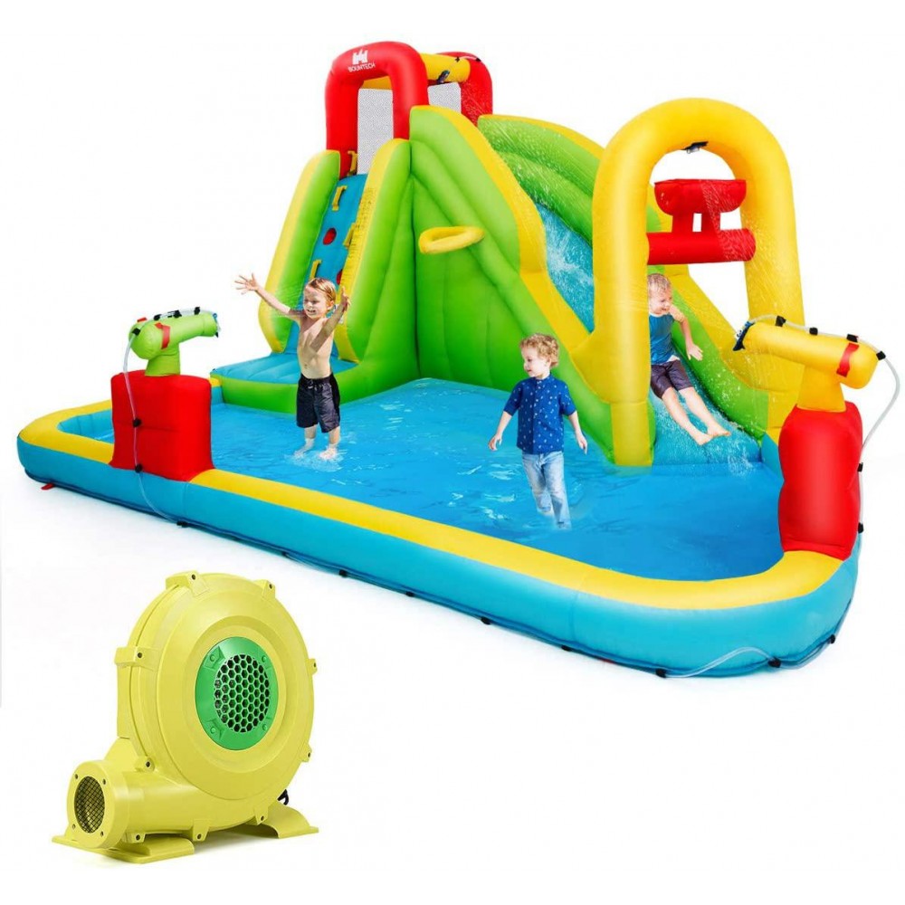 Stakes with 680W Air Blower Water Cannon Splash Pool Hose Basketball Rim Including Oxford Carry Bag BOUNTECH Inflatable Water Slide 6 in 1 Jumping Bounce House w/ Climbing Wall Repair Kit 