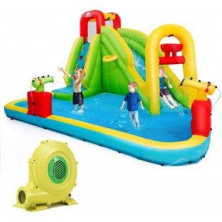 BOUNTECH Inflatable Bounce House, 7-in-1 Water Pool Slide w/ Climbing Wall, Water Cannons, Basketball Rim, Splash Pool, Including Oxford Carry Bag, Repairing Kit, Stakes, Hose (with 480W Air Blower)