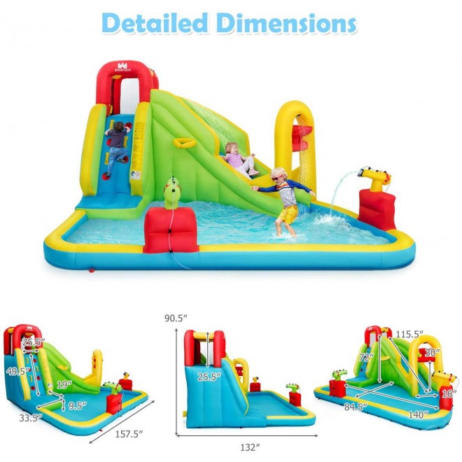BOUNTECH Inflatable Bounce House, 7-in-1 Water Pool Slide w/ Climbing Wall, Water Cannons, Basketball Rim, Splash Pool, Including Oxford Carry Bag, Repairing Kit, Stakes, Hose (with 480W Air Blower)