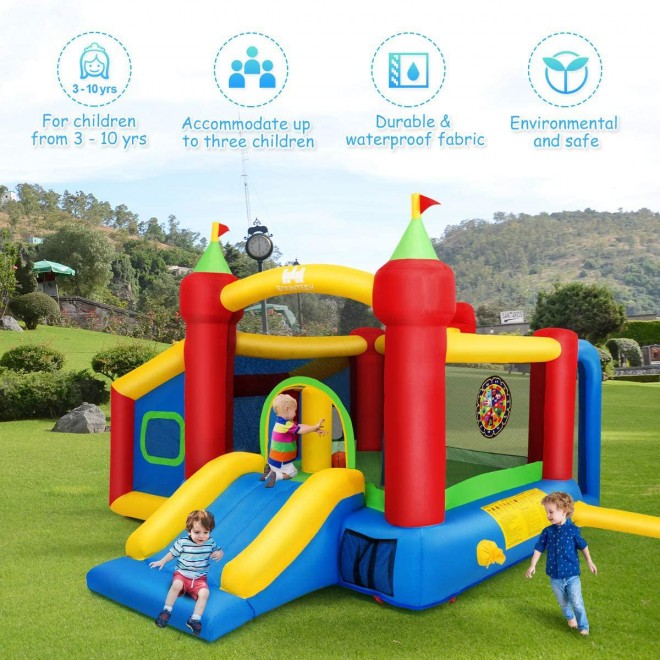 Costzon Inflatable Bounce House, 7-in-1 Jump and Slide Bouncer w/ Basketball Rim, Football & Ocean Ball Playing Area, Dart Target, Including Oxford Carry Bag, Hand Pump, Stakes (Without Blower)