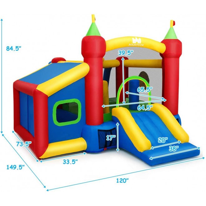 Costzon Inflatable Bounce House, 7-in-1 Jump and Slide Bouncer w/ Basketball Rim, Football & Ocean Ball Playing Area, Dart Target, Including Oxford Carry Bag, Hand Pump, Stakes (Without Blower)