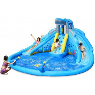 Action air Inflatable Waterslide, Shark Theme Waterpark with Double Slides, Bounce House for Wet and Dry, 2 Water Guns with Huge Splashing Pool, Durable Sewn and Extra Thick, Idea for Kids (9421)