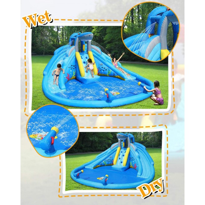 Action air Inflatable Waterslide, Shark Theme Waterpark with Double Slides, Bounce House for Wet and Dry, 2 Water Guns with Huge Splashing Pool, Durable Sewn and Extra Thick, Idea for Kids (9421)