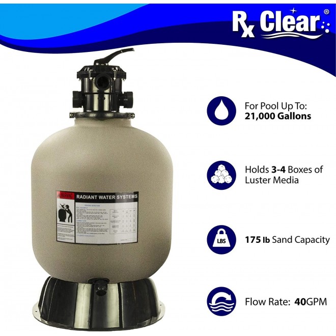 Rx Clear Radiant Sand Filter | for Above Ground Swimming Pools | 19 Inch Tank | 6-Position Valve | Comes with 1.5 Inch Threaded Connections | 175 Pound Sand Capacity | Up to 21,000 Gallons