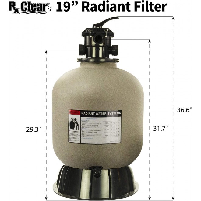Rx Clear Radiant Sand Filter | for Above Ground Swimming Pools | 19 Inch Tank | 6-Position Valve | Comes with 1.5 Inch Threaded Connections | 175 Pound Sand Capacity | Up to 21,000 Gallons