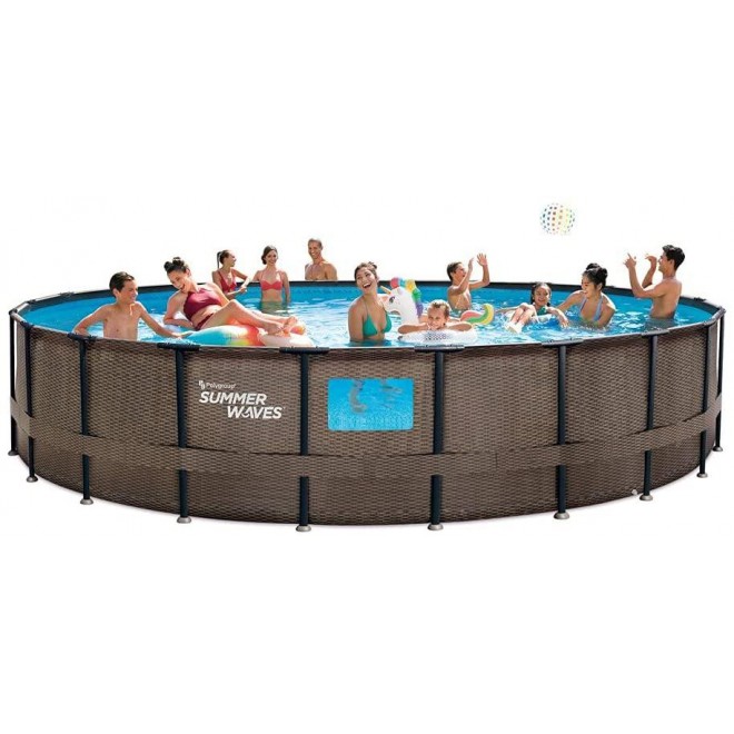 Summer Waves 22 ft Crystal Vue Dark Double Rattan Print Elite Frame Round Pool with 4 See-Through Windows