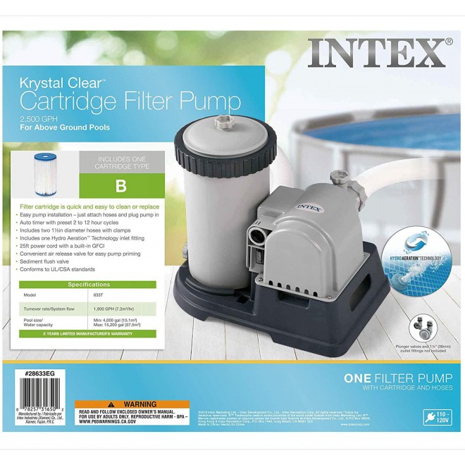 Intex 28633EG Krystal Clear Cartridge Filter Pump for Above Ground Pools, 2500 GPH Pump Flow Rate, 110-120V with GFCI, system flow rate of 1,900 gallons per hour